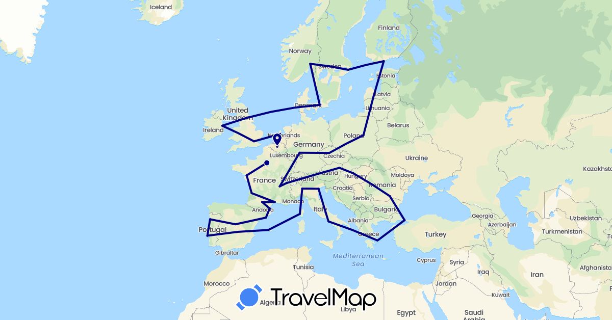 TravelMap itinerary: driving in Austria, Belgium, Switzerland, Czech Republic, Germany, Denmark, Spain, Finland, France, United Kingdom, Greece, Hungary, Ireland, Italy, Netherlands, Norway, Poland, Portugal, Romania, Sweden, Turkey (Asia, Europe)